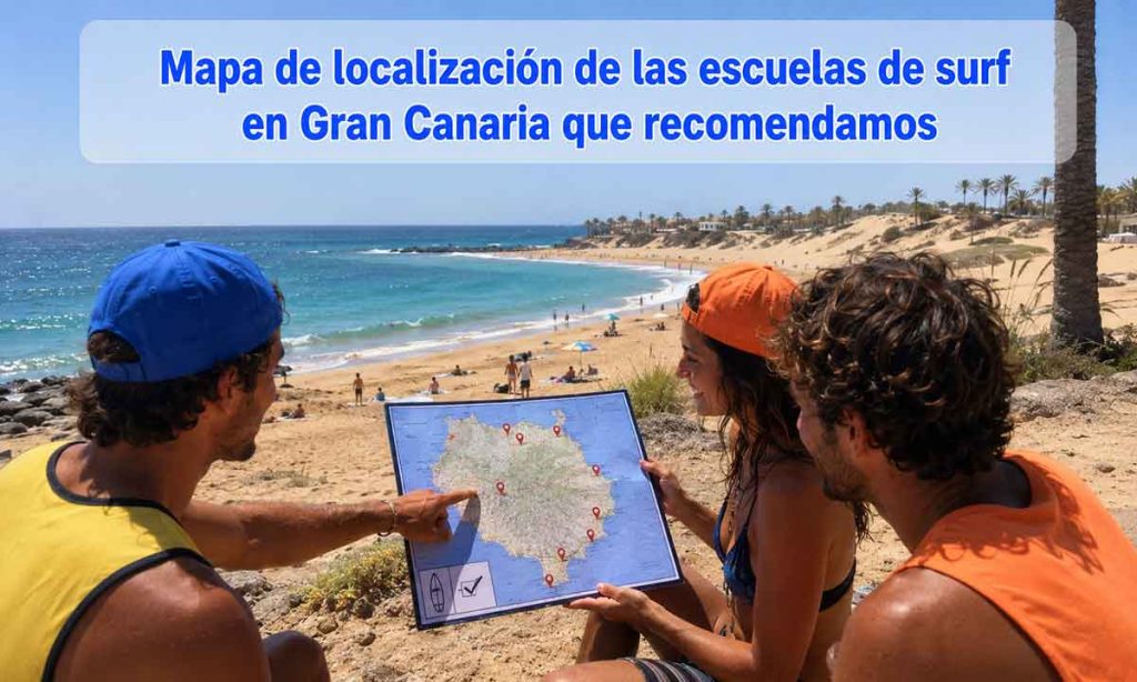 Mapa de localización de las escuelas de surf en Gran Canaria que recomendamos