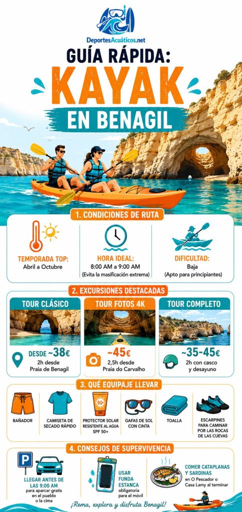practicar kayak en Benagil infografía